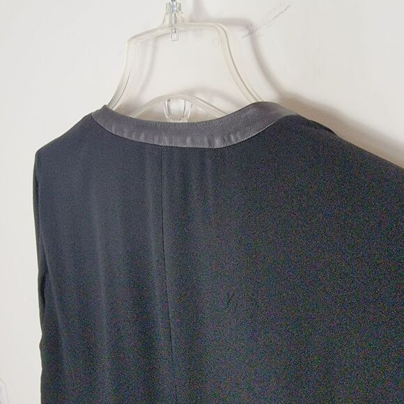 Eileen Fisher 100% Silk Chiffon Drape Front Blazer Leather Trim Black Small - Picture 7 of 12